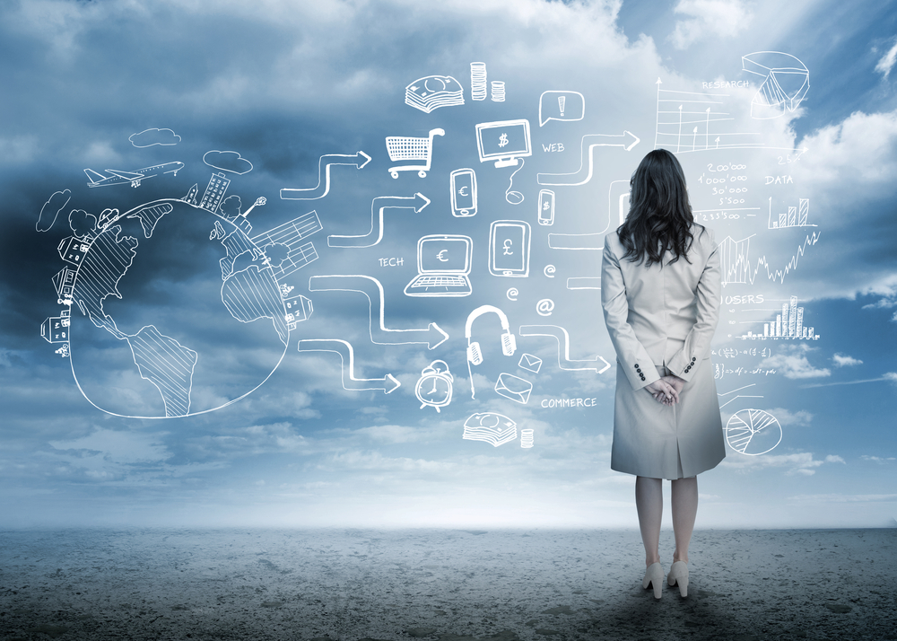 Businesswoman looking out at brainstorm drawings in cloudy landscape