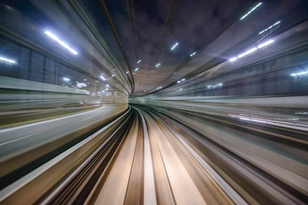 Monorail motion blur on the Yurikamome in Tokyo, Japan.