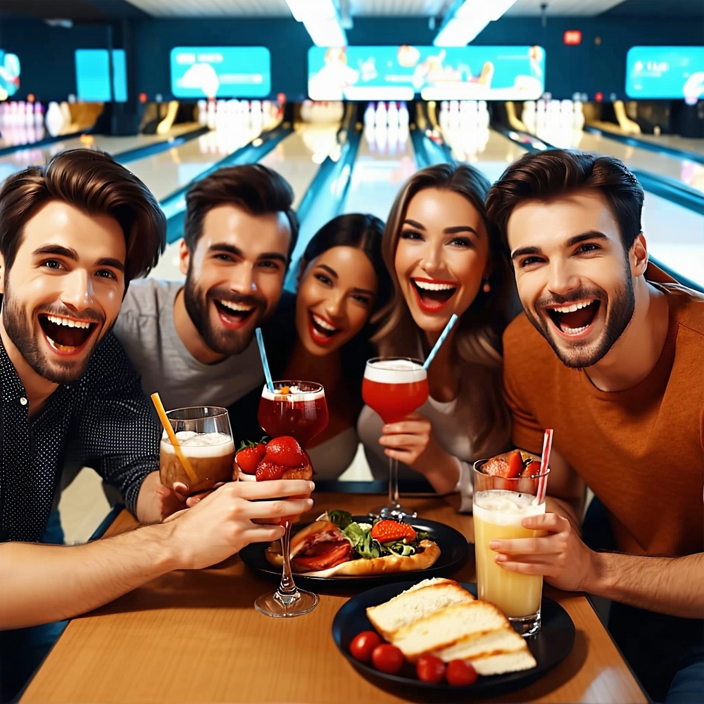 a team of men and women having fun after a sales event at the bowling alley with food and drink-1